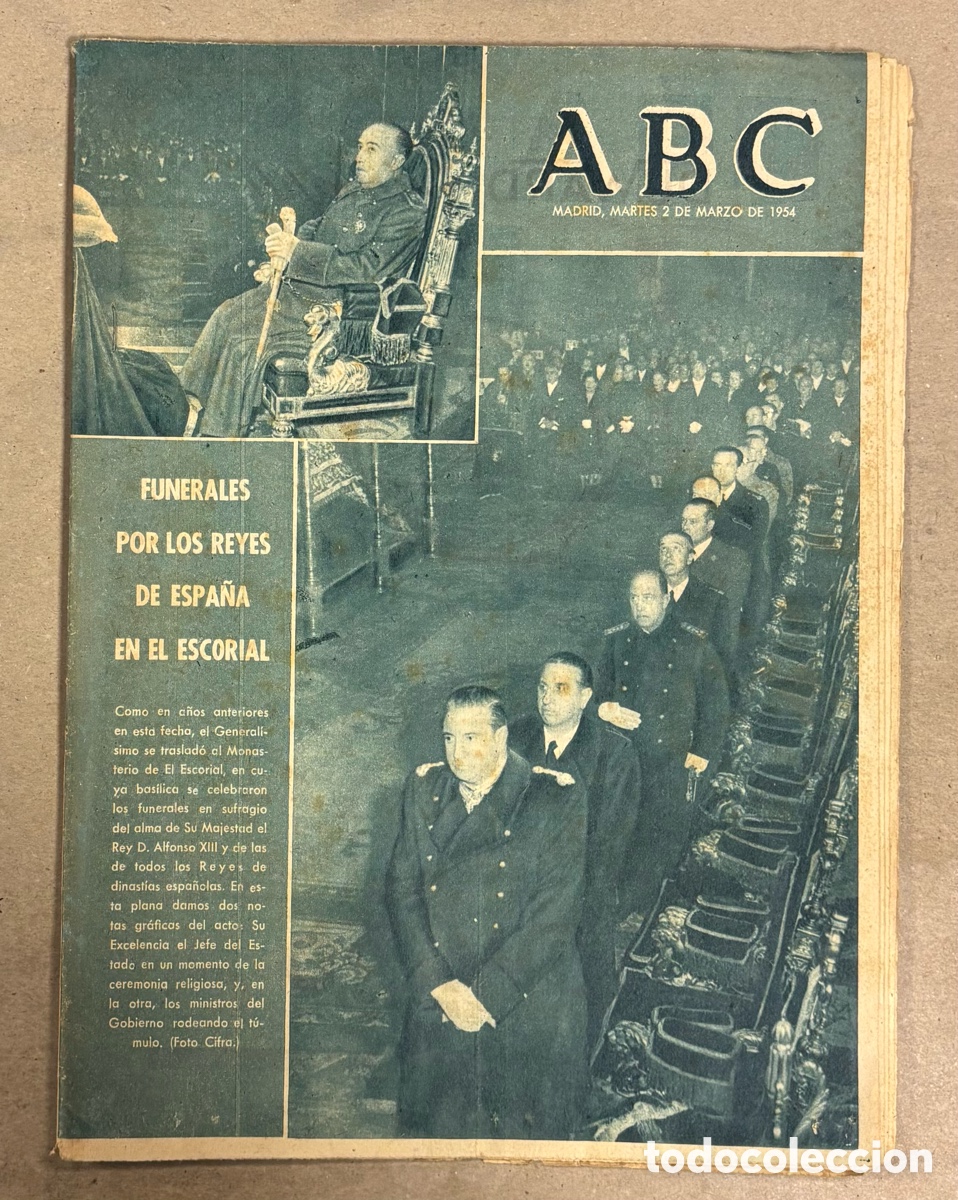 Coleccionismo de revistas y peri&oacute;dicos: ABC (2 MARZO 1954) FUNERALES POR REYES ESPA&Ntilde;A EN EL ESCORIAL, REAL MADRID 2-1 ATL&Eacute;TICO, PINOHERMOSO