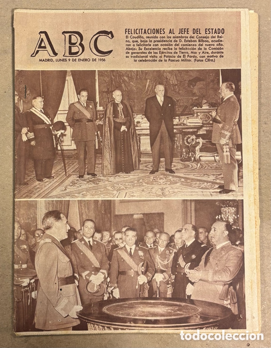 Coleccionismo de revistas y peri&oacute;dicos: ABC (9 ENERO 1956) FELICITACIONES A FRANCO, ZORI SANTOS Y CODESA, CACER&Iacute;A ESTORNINOS LAGUNA ZONAR