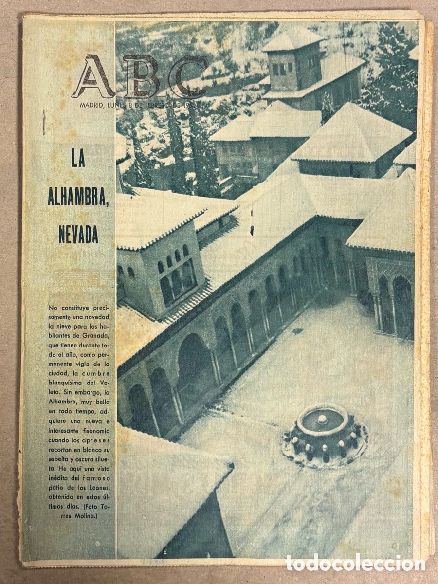 Coleccionismo de revistas y peri&oacute;dicos: ABC (8 FEBRERO 1954) LA ALHAMBRA NEVADA, HUELVA NEVADA, CORU&Ntilde;A 2-2 REAL MADRID, JOS&Eacute; DE ANCHIETA