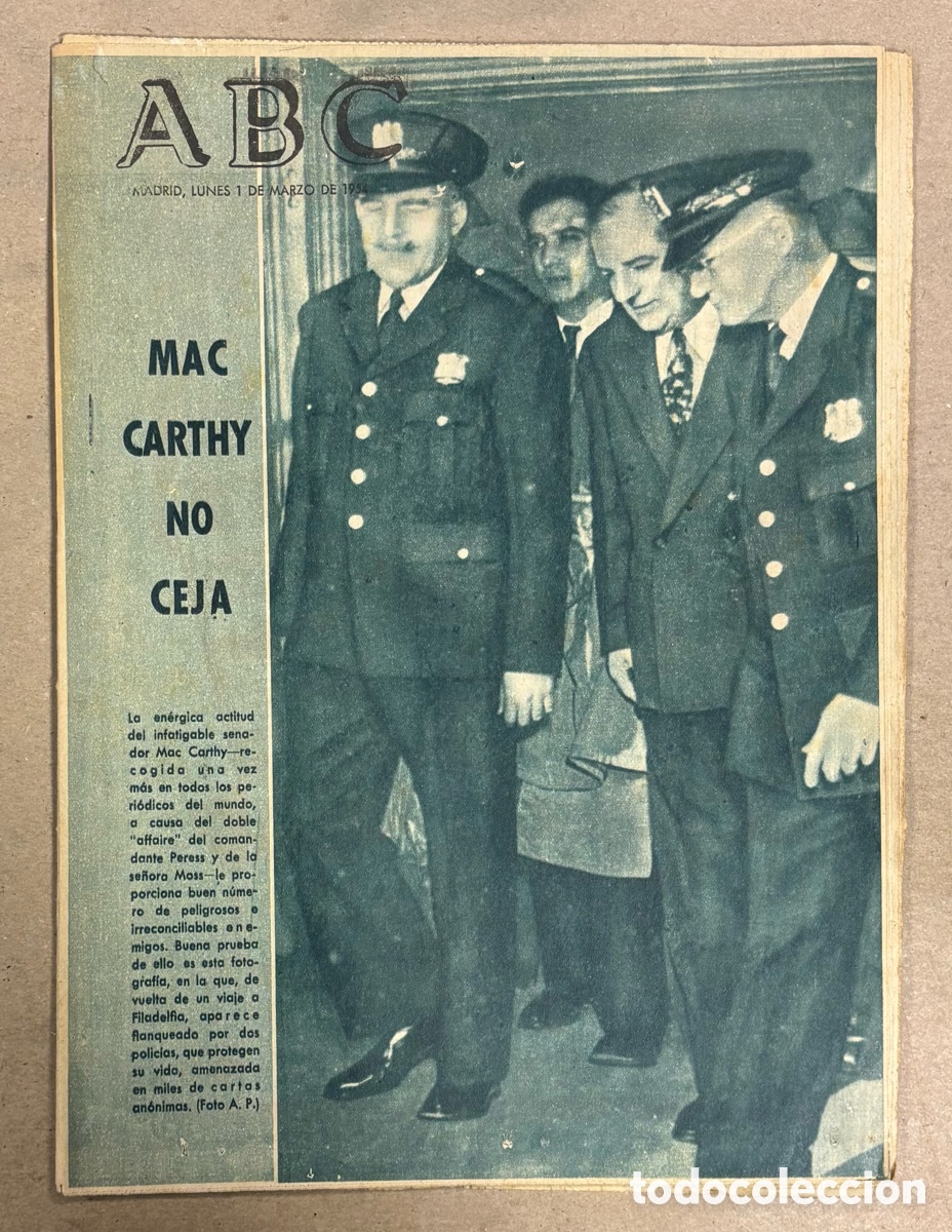 Collectionnisme de Revues et Journaux: ABC (1 MARZO 1954) SENADOR MACCARTHY, MOTO GUZZI HISPANIA, REAL MADRID 2-1 ATL&Eacute;TICO MADRID,&hellip;