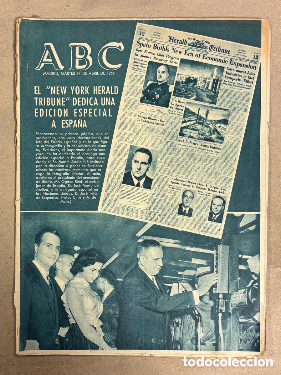 Coleccionismo de revistas y peri&oacute;dicos: ABC (17 ABRIL 1956) NEW YORK HERALD DEDICA ESPECIAL A ESPA&Ntilde;A, BARCELONA 1-0 ESPA&Ntilde;OL, FRANCO EN SEVIL