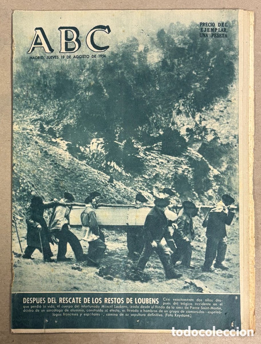 Coleccionismo de revistas y peri&oacute;dicos: ABC (19 AGOSTO 1954) RESCATE RESTOS MARCEL LOUBENS PIERRE SAINT-MARTIN, MEGALITOS MENORCA, BAHAMONTE