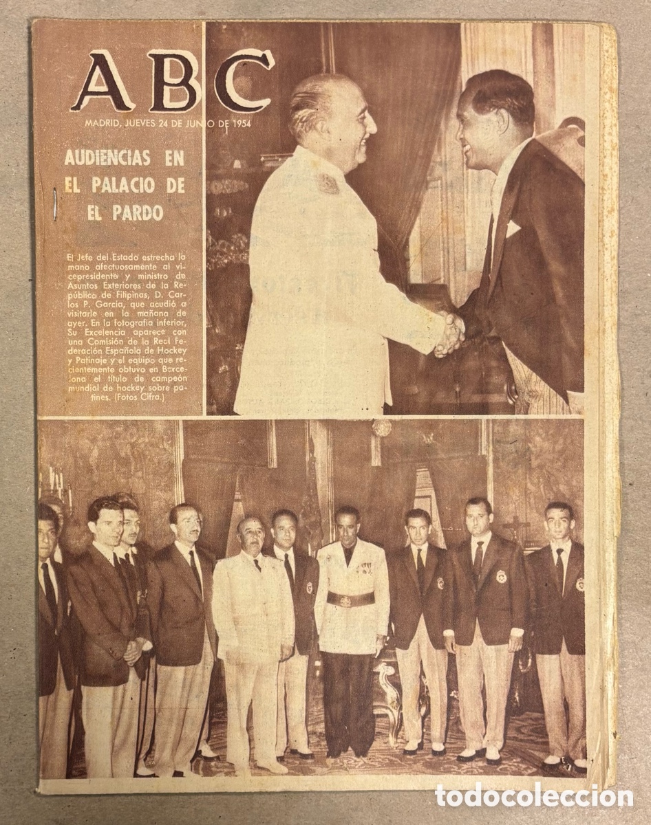 Coleccionismo de revistas y peri&oacute;dicos: ABC (24 JUNIO 1954) SELECCI&Oacute;N ESPA&Ntilde;OLA HOCKEY PATINES CAMPEONA MUNDO AUDIENCIA CON FRANCO, HOGUERAS
