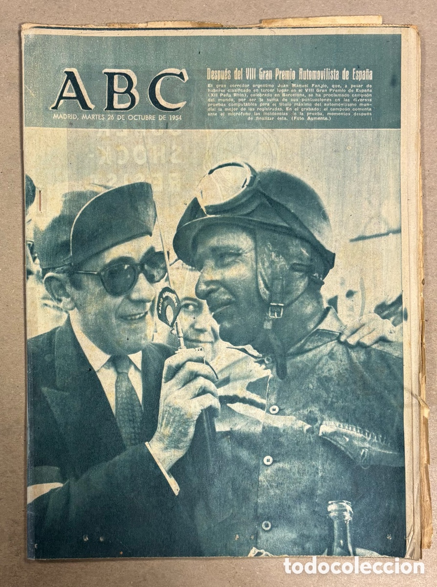 Coleccionismo de revistas y peri&oacute;dicos: ABC (26 OCTUBRE 1954) FANGIO GRAN PREMIO AUTOMOVILISTA ESPA&Ntilde;A, CARTEL ESTRENO MOGAMBO (AVA GADNER