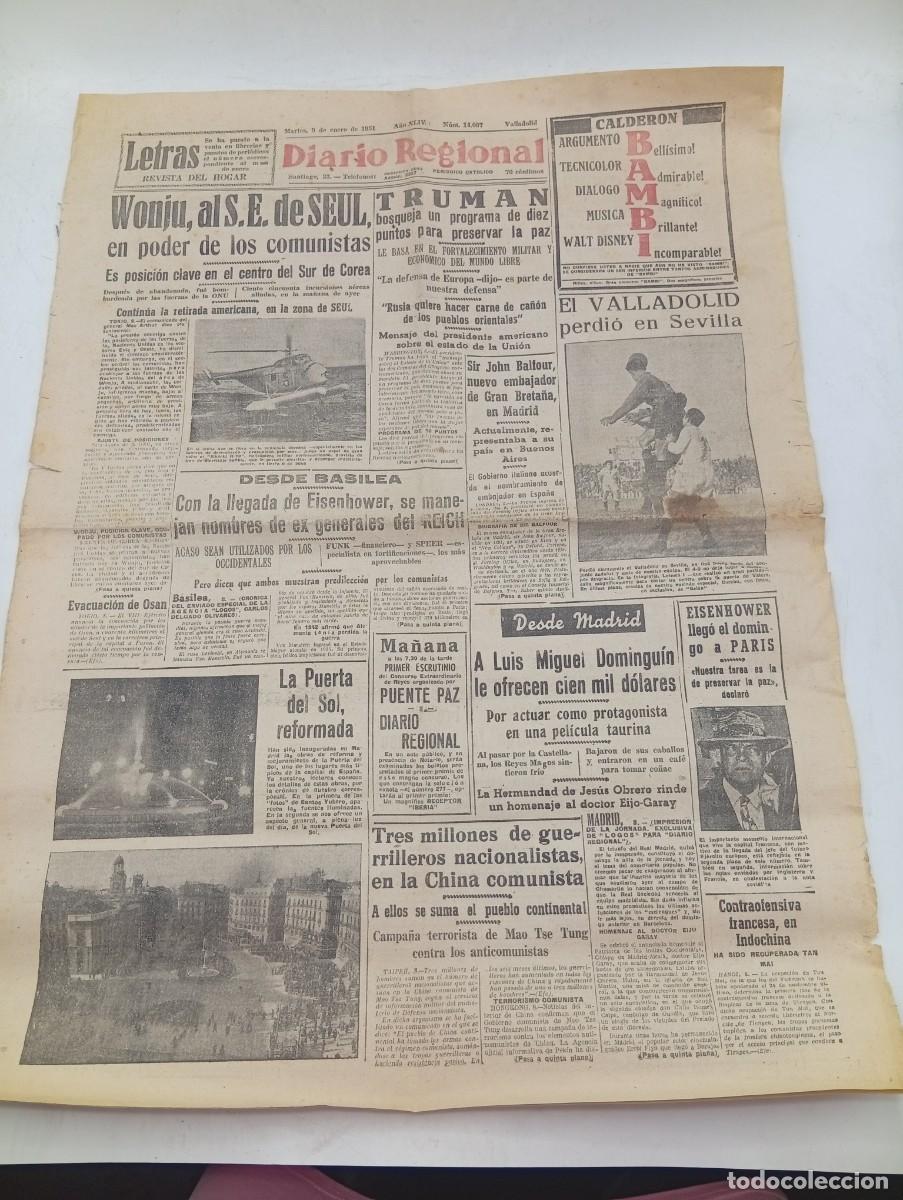 Coleccionismo de revistas y peri&oacute;dicos: DIARIO REGIONAL. VALLADOLID, MARTES 9 ENERO 1951. N&ordm; 14087. WONJU, AL S.E. DE SEUL, EN PODER.. LEER.