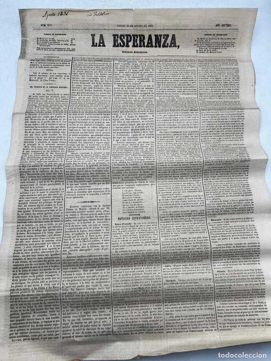 Coleccionismo de revistas y peri&oacute;dicos: PERI&Oacute;DICO MON&Aacute;RQUICO LA ESPERANZA. N&deg; 2114. 30 DE AGOSTO 1851. DEL PRINCIPIO DE LA SOBERAN&Iacute;A NACIONA