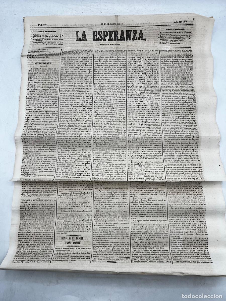 Coleccionismo de revistas y peri&oacute;dicos: PERI&Oacute;DICO MON&Aacute;RQUICO LA ESPERANZA. N&deg;2113. 29 DE AGOSTO 1851. LAS DOTACIONES DE LOS PRELADOS. LEER