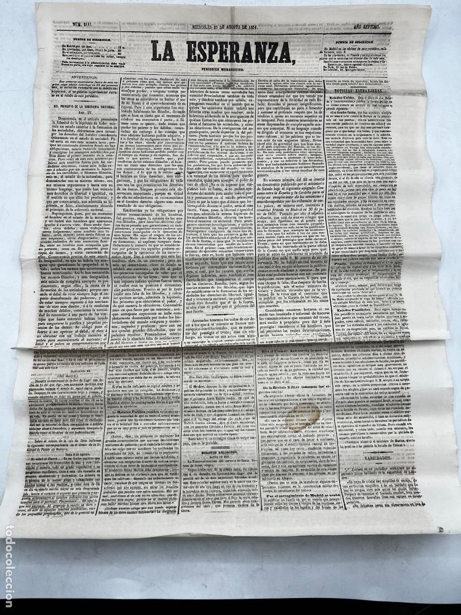 Collection Magazines and Newspapers: PERI&Oacute;DICO MON&Aacute;RQUICO LA ESPERANZA. N&deg;2111. 27 DE AGOSTO 1851. DEL PRINCIPIO DE LA SOBERAN&Iacute;A NACIONAL