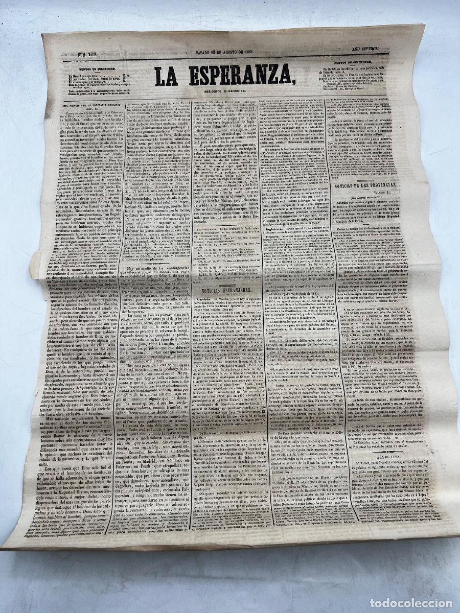 Colecionismo de Revistas e Jornais: PERI&Oacute;DICO MON&Aacute;RQUICO LA ESPERANZA. N&deg;2108. 23 DE AGOSTO 1851. DEL PRINCIPIO DE LA SOBERAN&Iacute;A NACIONAL