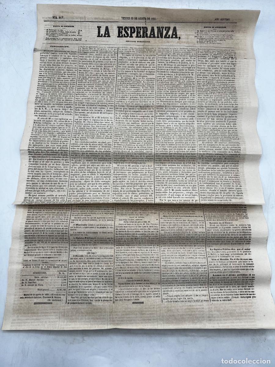 Collectionnisme de Revues et Journaux: PERI&Oacute;DICO MON&Aacute;RQUICO LA ESPERANZA. N&deg;2107. 22 DE AGOSTO 1851. UN PERI&Oacute;DICO DE MEDICINA PUBLICA.