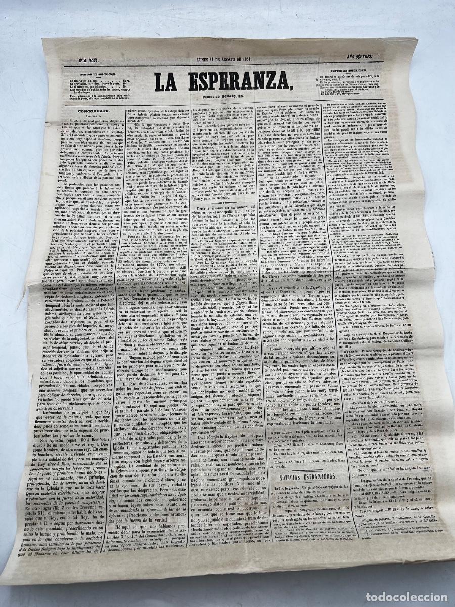 Coleccionismo de revistas y peri&oacute;dicos: PERI&Oacute;DICO MON&Aacute;RQUICO LA ESPERANZA. N&deg;2097. 11 DE AGOSTO 1851. LA ESPERANZA HUBIERA ALBERGADO.
