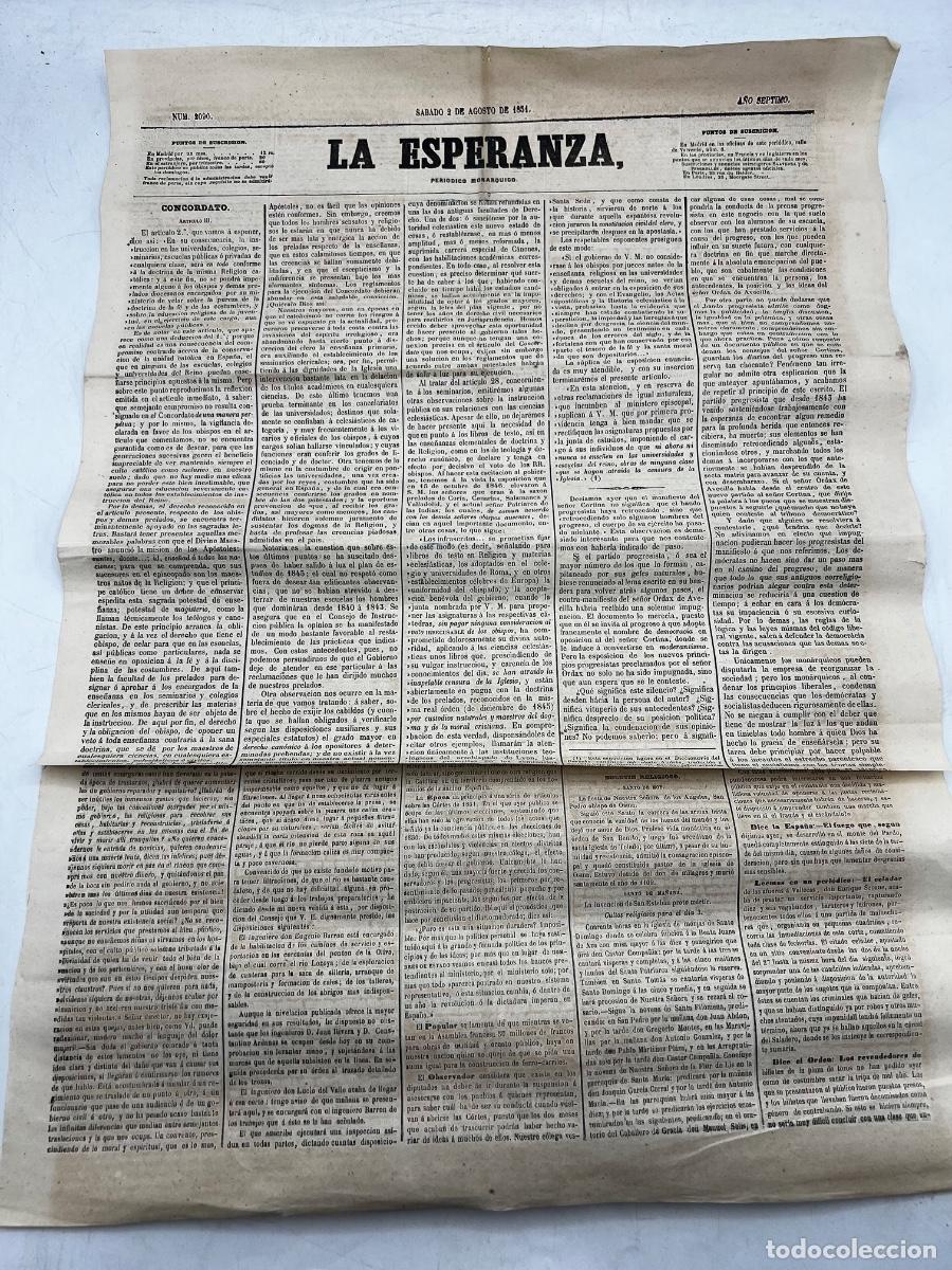 Collezionismo di Riviste e Giornali: PERI&Oacute;DICO MON&Aacute;RQUICO LA ESPERANZA. N&deg;2090. 2 DE AGOSTO 1851. CONCORDATO. EL ARTICULO 2&deg;.