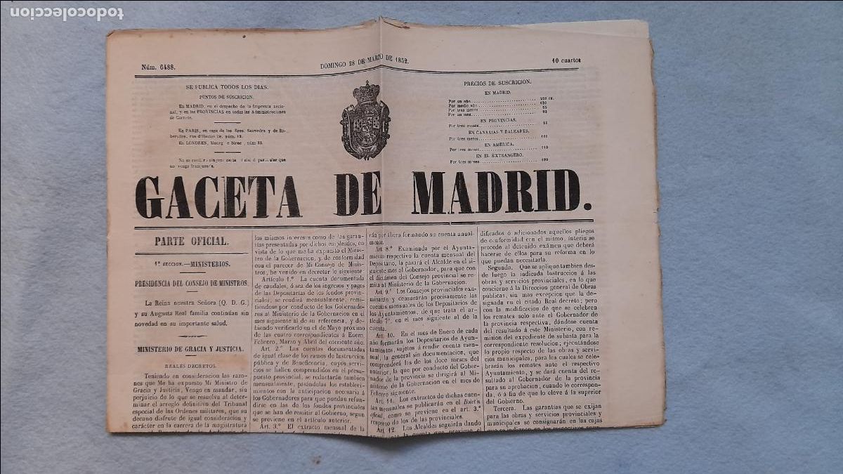 Collectionnisme de Revues et Journaux: Gaceta de Madrid. 28 de Marzo de 1852.