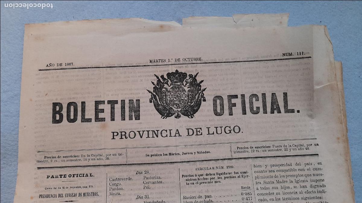 Collectionnisme de Revues et Journaux: Bolet&iacute;n Oficial Provincia Lugo. 1 de octubre de 1867.