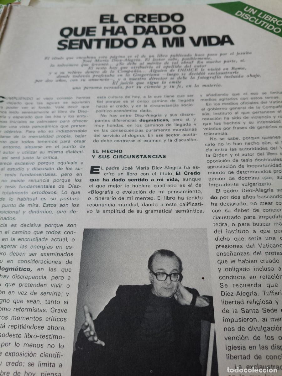 Coleccionismo de revistas y peri&oacute;dicos: SOBRE &acute;EL CREDO QUE HA DADO SENTIDO A MI VIDA&acute; DE DIEZ-ALEGR&Iacute;A. 6 P&Aacute;GINAS DE REVISTA INDICE. 1973