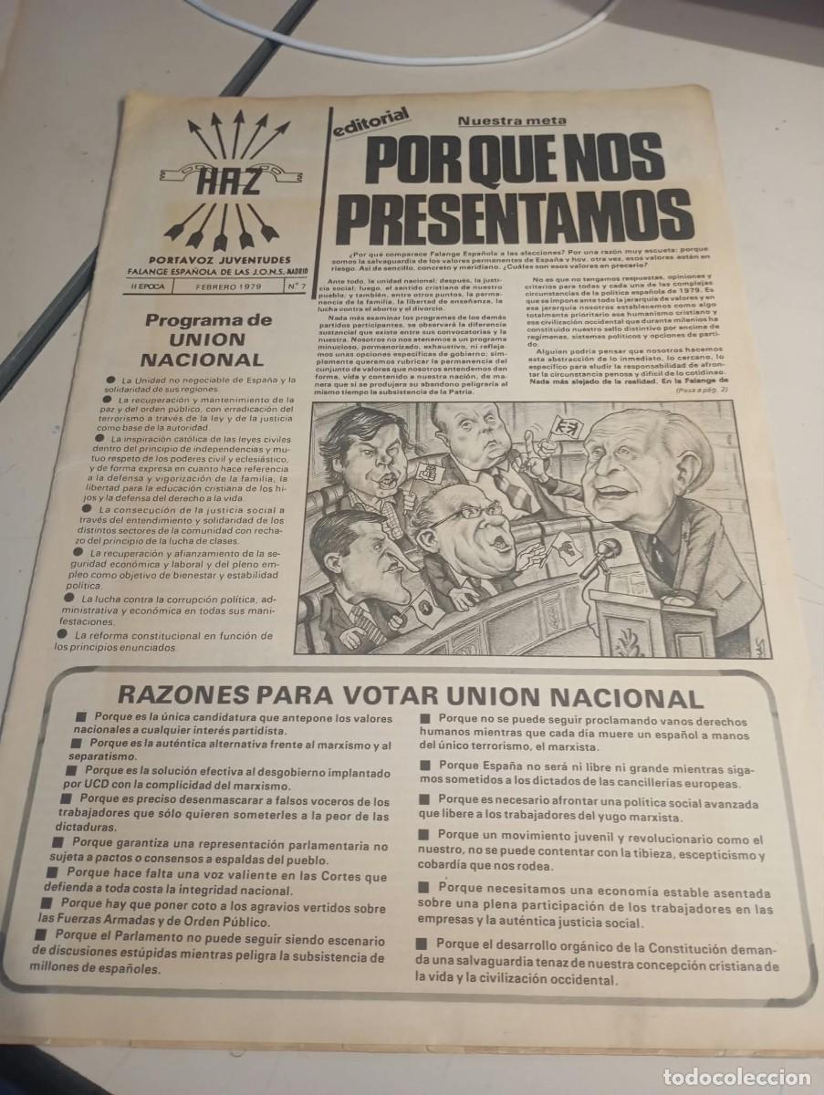Coleccionismo de revistas y peri&oacute;dicos: HAZ REVISTA PORTAVOZ JUVENTUDES FALANGE ESPA&Ntilde;OLA II EPOCA N&ordm; 7 FEBRERO 1979 REF. UR MES 7