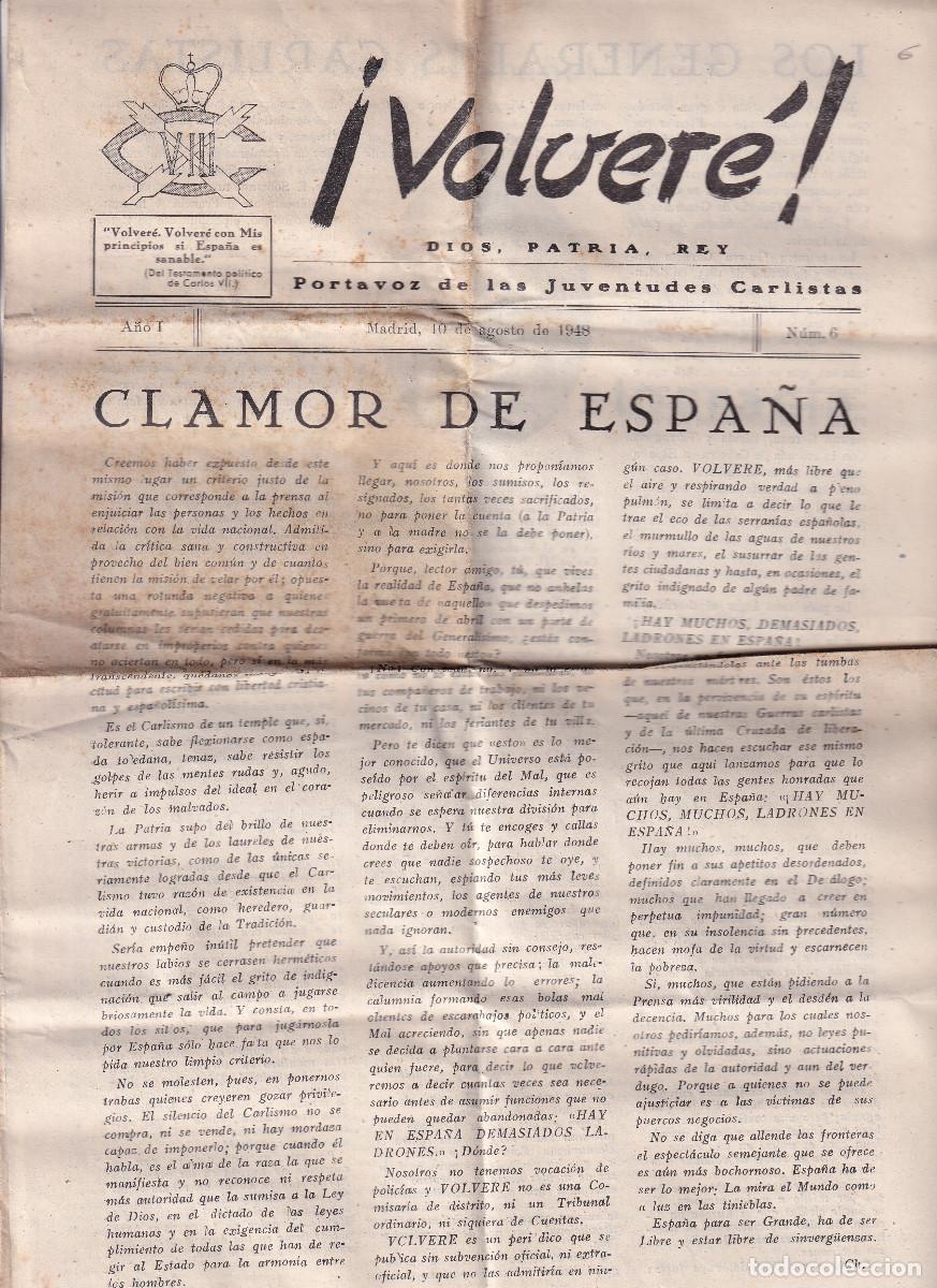 Colecionismo de Revistas e Jornais: &iexcl;VOLVER&Eacute;! DIOS, PATRIA, REY. PORTAVOR DE LAS JUVENTUDES CARLISTAS. AGOSTO 1948 CARLISMO