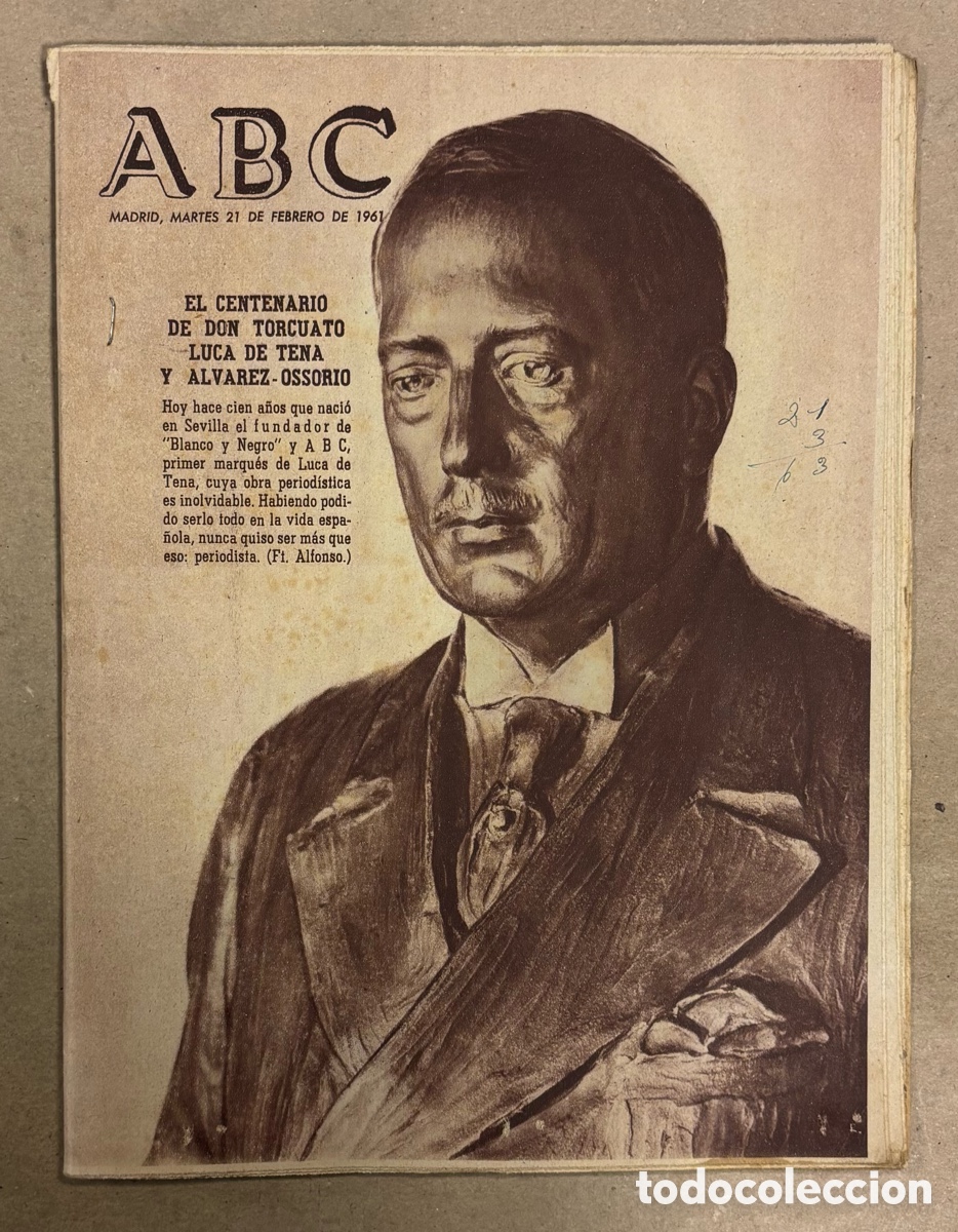 Coleccionismo de revistas y peri&oacute;dicos: ABC (21 FEBRERO 1961) CENTENARIO TORCUATO LUCA DE TENA, REPORTAJE CEUTA Y MELILLA, BOTADURA