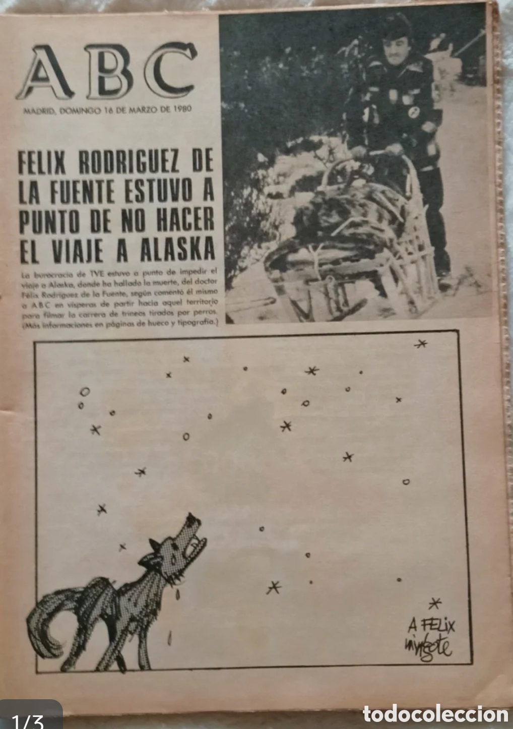 Coleccionismo de revistas y peri&oacute;dicos: Peri&oacute;dico ABC 16 marzo 1980. Felix Rodr&iacute;guez de la Fuente. Mingote. Lobo