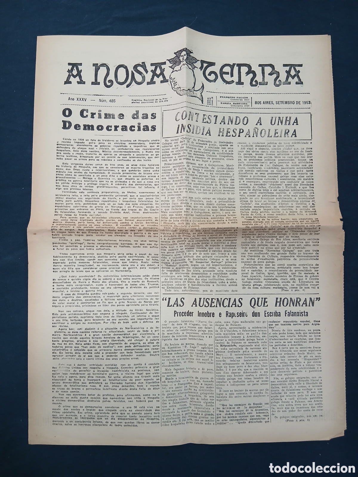 Collectionnisme de Revues et Journaux: Peri&oacute;dico A Nosa Terra. Buenos Aires, 1953. Galicia. Galleguismo. (L133)