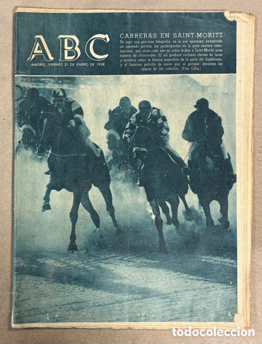 Collezionismo di Riviste e Giornali: ABC (31 ENERO 1958) CARRERA CABALLOS EN SAINT-MORITZ, INUNDACI&Oacute;N MUSEO ULPIANO CHECA, AURORA BAUTIST
