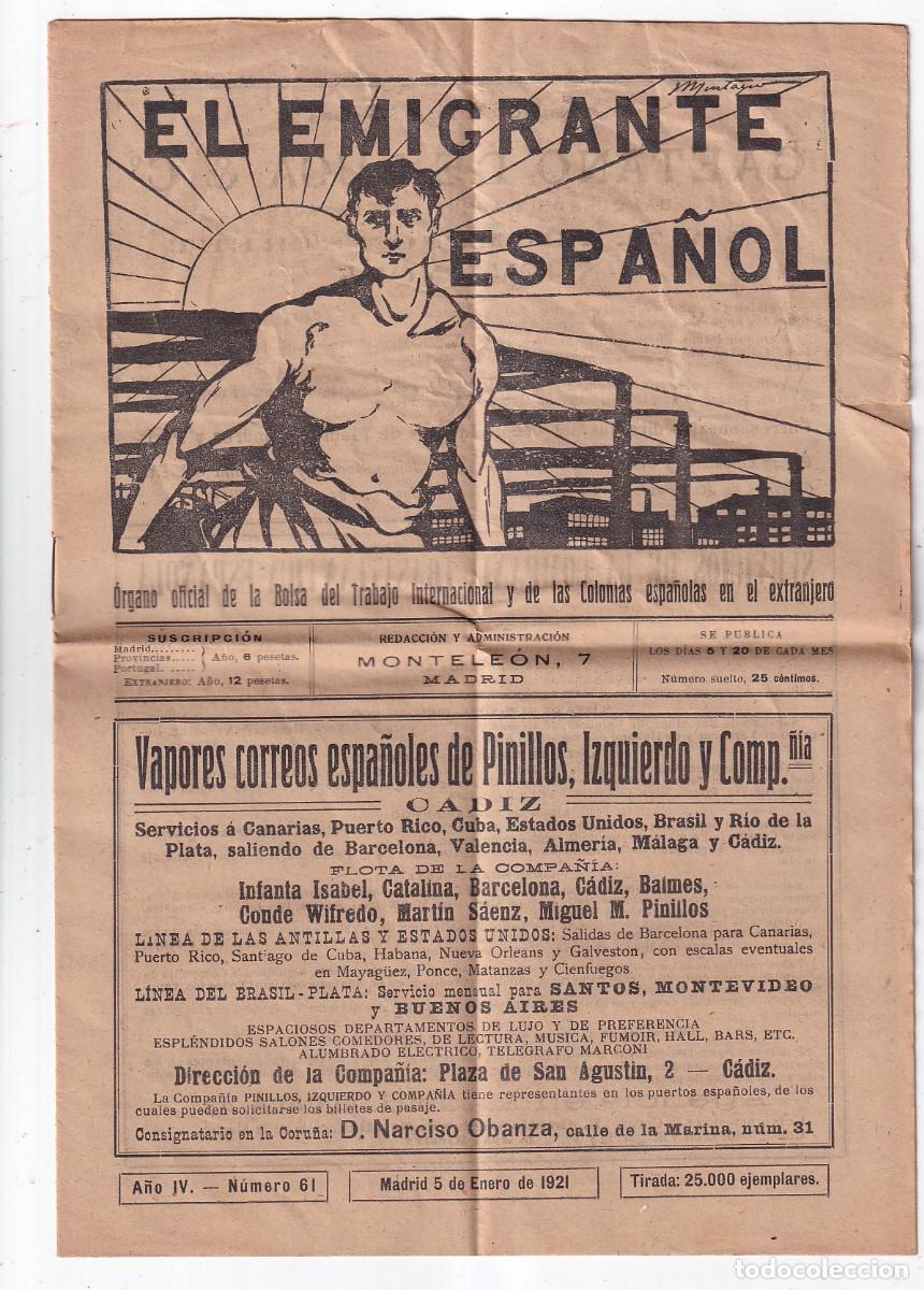 Collection Magazines and Newspapers: EL EMIGRANTE ESPA&Ntilde;OL. BOLSA DE TRABAJO INTERNACIONAL Y COLONIAS. N&ordm; 64. MADRID, 1921