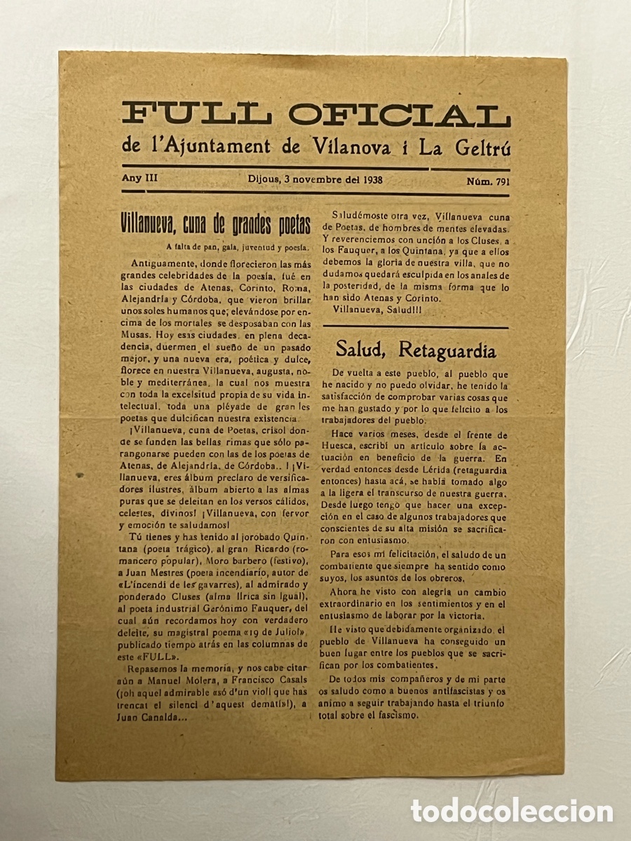 Coleccionismo de revistas y peri&oacute;dicos: FULL OFICIAL de l'Ajuntament de Vilanova i La Geltr&uacute;. Any III, N&uacute;m.791, Dijous, 3 novembre del 1938&hellip;