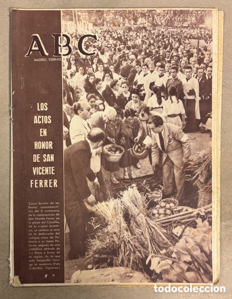 Collectionnisme de Revues et Journaux: ABC (1 JULIO 1955) ACTOS DE HONOR SAN VICENTE FERRER, ANTONIO GELABERT CAMPE&Oacute;N ESPA&Ntilde;A FONDO CARRETER