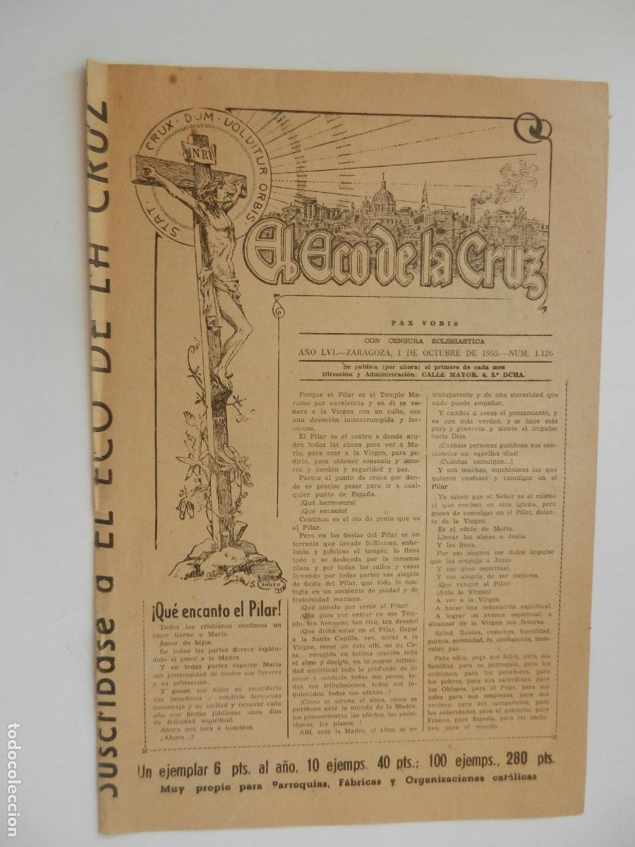 Collectionnisme de Revues et Journaux: EL ECO DE LA CRUZ N&ordm; 1126- ZARAGOZA - 01-10-1955- QUE ENCANTO EL PILAR