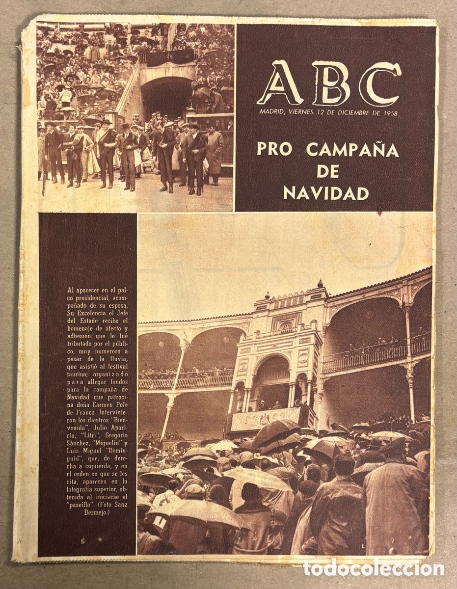Coleccionismo de revistas y peri&oacute;dicos: ABC (12 DICIEMBRE 1958) CORRIDA TOROS PRO CAMPA&Ntilde;A DE NAVIDAD, ALC&Aacute;ZAR DE SAN JUAN, OLIVARES JAEN