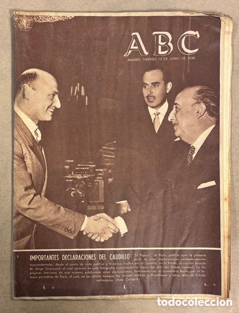 Coleccionismo de revistas y peri&oacute;dicos: ABC (13 JUNIO 1958) IMPORTANTES DECLARACIONES FRANCO, PLAZA TOROS SANTA CRUZ DE MUDELA