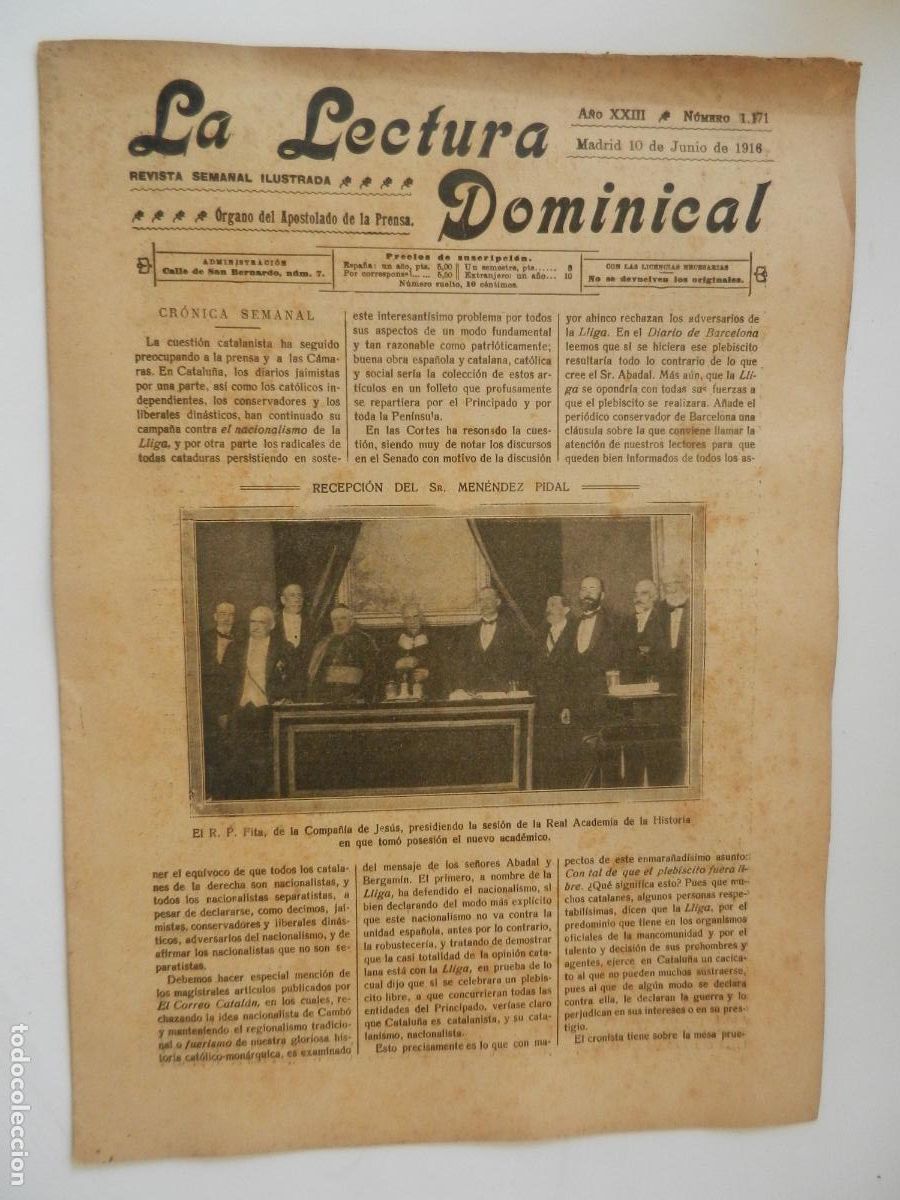 Collezionismo di Riviste e Giornali: LA LECTURA DOMINICAL N 1171 - 06-1916 - REVISTA SEMANAL ILUSTRADA- DIVULGACION RELIGIOSA Y MORAL