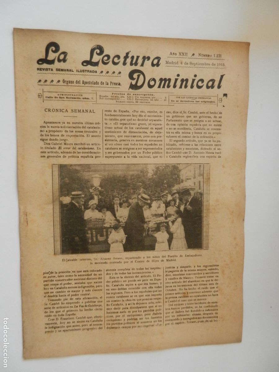 Collezionismo di Riviste e Giornali: LA LECTURA DOMINICAL N 1131 - 09-1915 - REVISTA SEMANAL ILUSTRADA- DIVULGACION RELIGIOSA Y MORAL