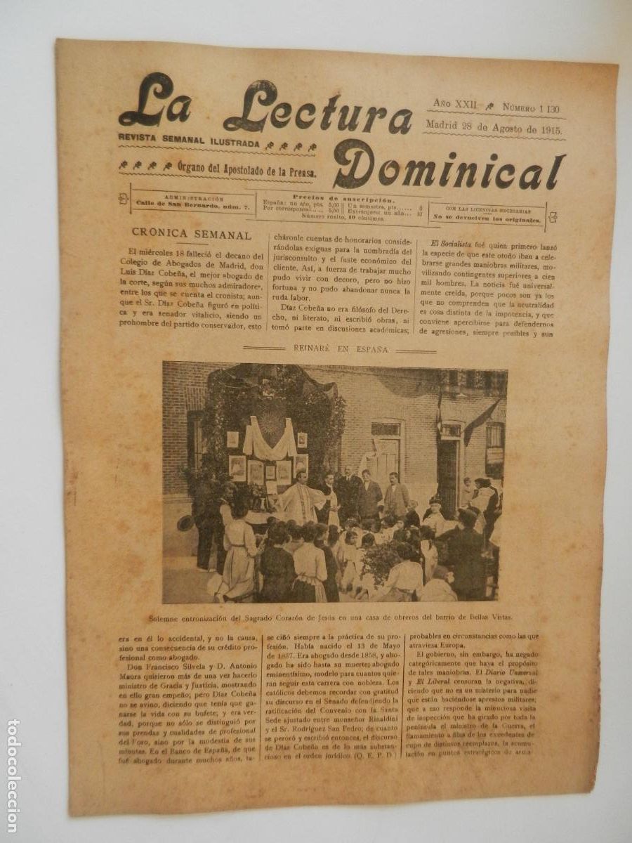 Collezionismo di Riviste e Giornali: LA LECTURA DOMINICAL N 1130 - 08-1915 - REVISTA SEMANAL ILUSTRADA- DIVULGACION RELIGIOSA Y MORAL B