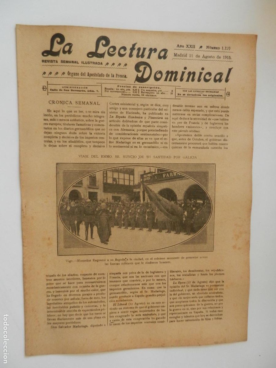 Sammeln von Zeitschriften und Zeitungen: LA LECTURA DOMINICAL- N&ordm; 1129 - 09-1915 - REVISTA SEMANAL ILUSTRADA- DIVULGACION RELIGIOSA Y MORAL