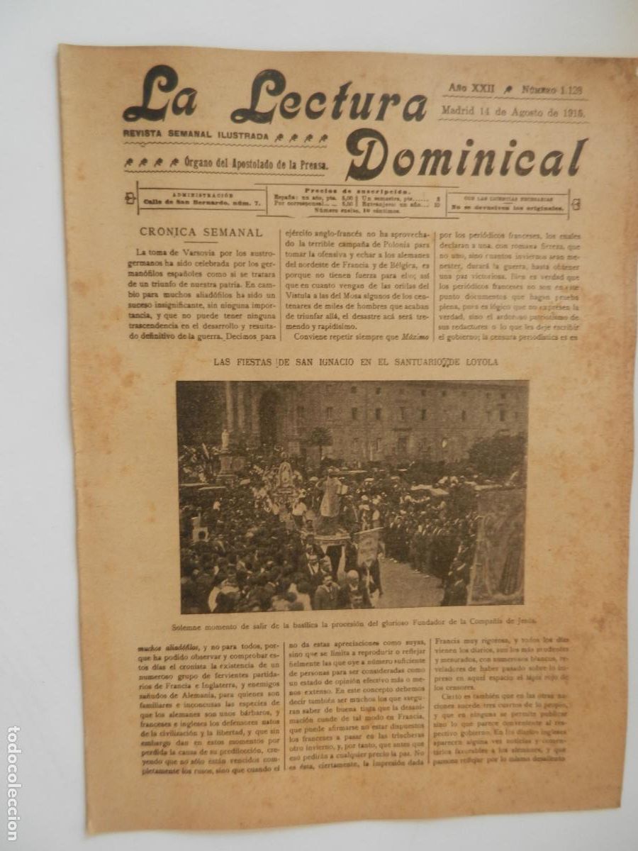 Sammeln von Zeitschriften und Zeitungen: LA LECTURA DOMINICAL - N&ordm; 1128 - 08-1915 - REVISTA SEMANAL ILUSTRADA- DIVULGACION RELIGIOSA Y MORAL