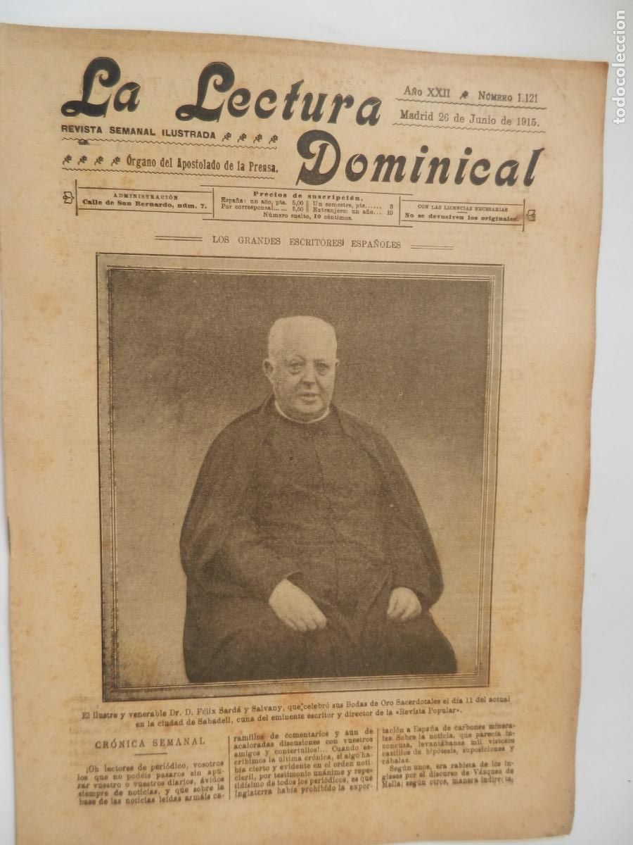 Collezionismo di Riviste e Giornali: LA LECTURA DOMINICAL - N&ordm; 1121 - 06-1915 - REVISTA SEMANAL ILUSTRADA- DIVULGACION RELIGIOSA Y MORAL