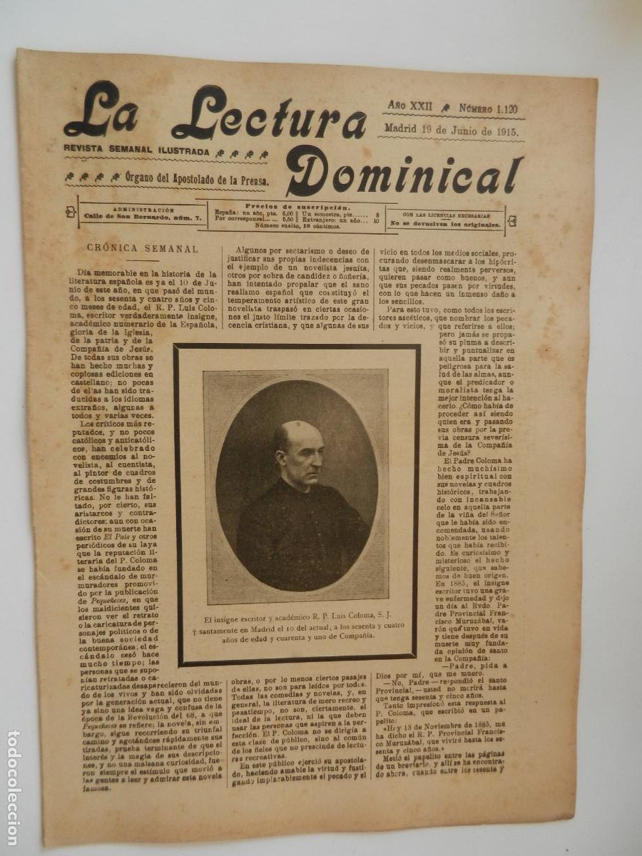 Coleccionismo de revistas y peri&oacute;dicos: LA LECTURA DOMINICAL - N&ordm; 1120- 06-1915 - REVISTA SEMANAL ILUSTRADA- DIVULGACION RELIGIOSA Y MORAL