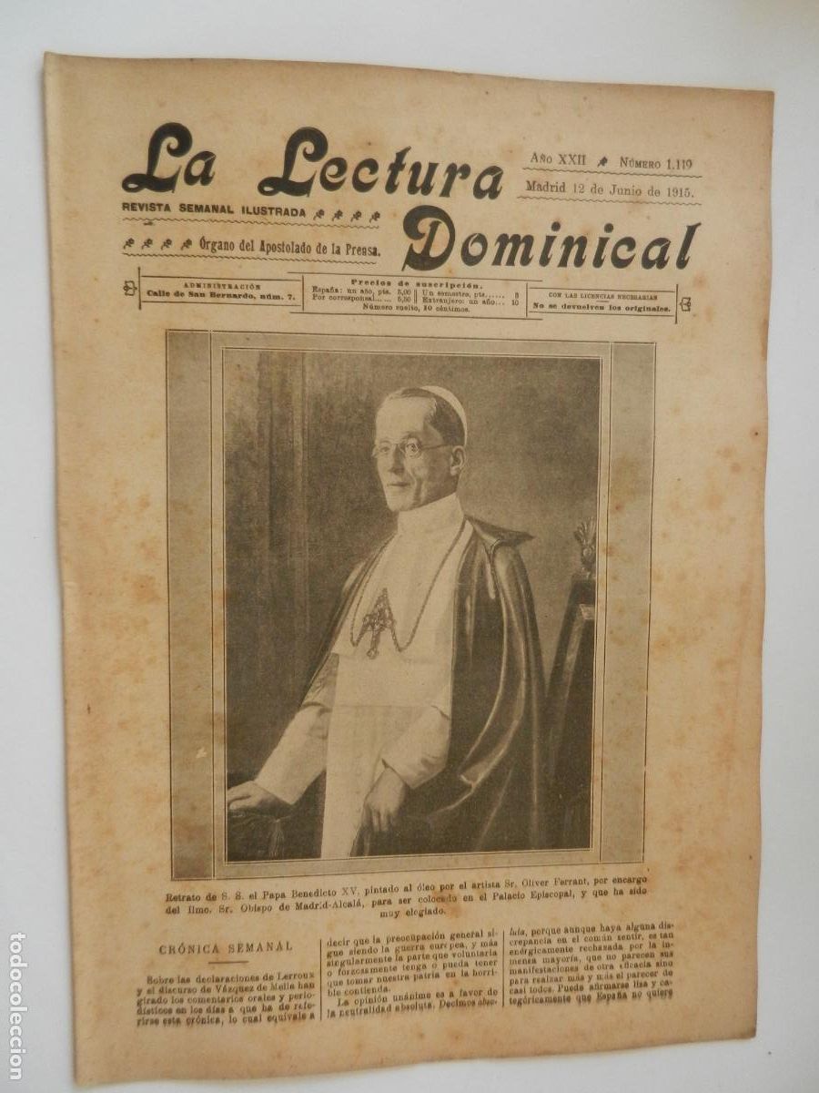 Collectionnisme de Revues et Journaux: LA LECTURA DOMINICAL - N&ordm; 1119 - 06-1915 - REVISTA SEMANAL ILUSTRADA- DIVULGACION RELIGIOSA Y MORAL