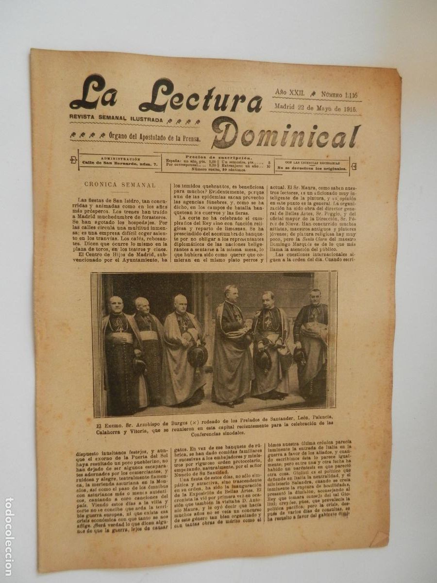Coleccionismo de revistas y peri&oacute;dicos: LA LECTURA DOMINICAL - N&ordm; 1115 - 05-1915 - REVISTA SEMANAL ILUSTRADA- DIVULGACION RELIGIOSA Y MORAL