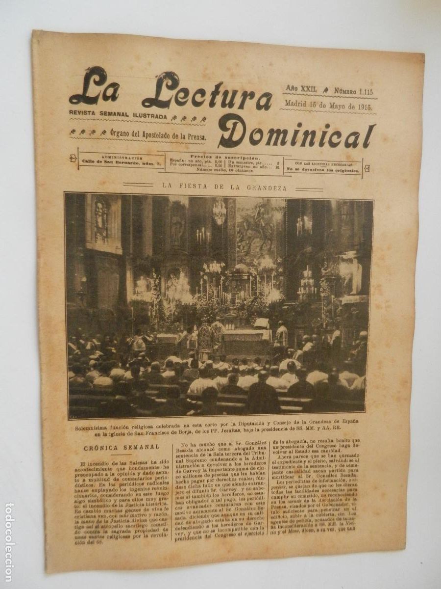 Coleccionismo de revistas y peri&oacute;dicos: LA LECTURA DOMINICAL - N&ordm; 1115 - 05-1915 - REVISTA SEMANAL ILUSTRADA- DIVULGACION RELIGIOSA Y MORAL