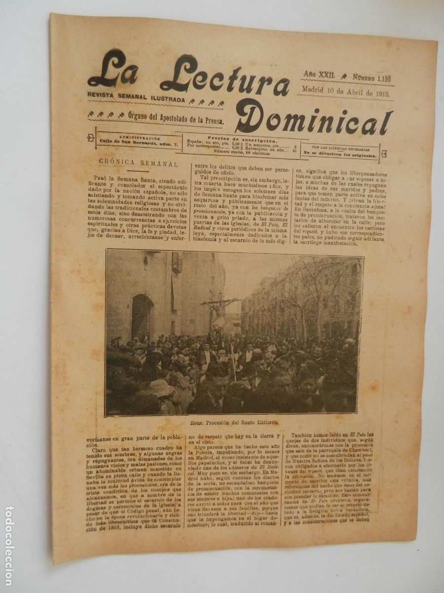 Collezionismo di Riviste e Giornali: LA LECTURA DOMINICAL - N&ordm; 1110 - 04-1915 - REVISTA SEMANAL ILUSTRADA- DIVULGACION RELIGIOSA Y MORAL