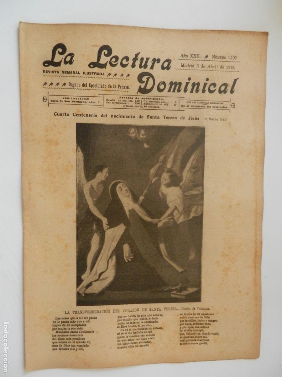Collezionismo di Riviste e Giornali: LA LECTURA DOMINICAL - N&ordm; 1109 - 04-1915 - REVISTA SEMANAL ILUSTRADA- DIVULGACION RELIGIOSA Y MORAL