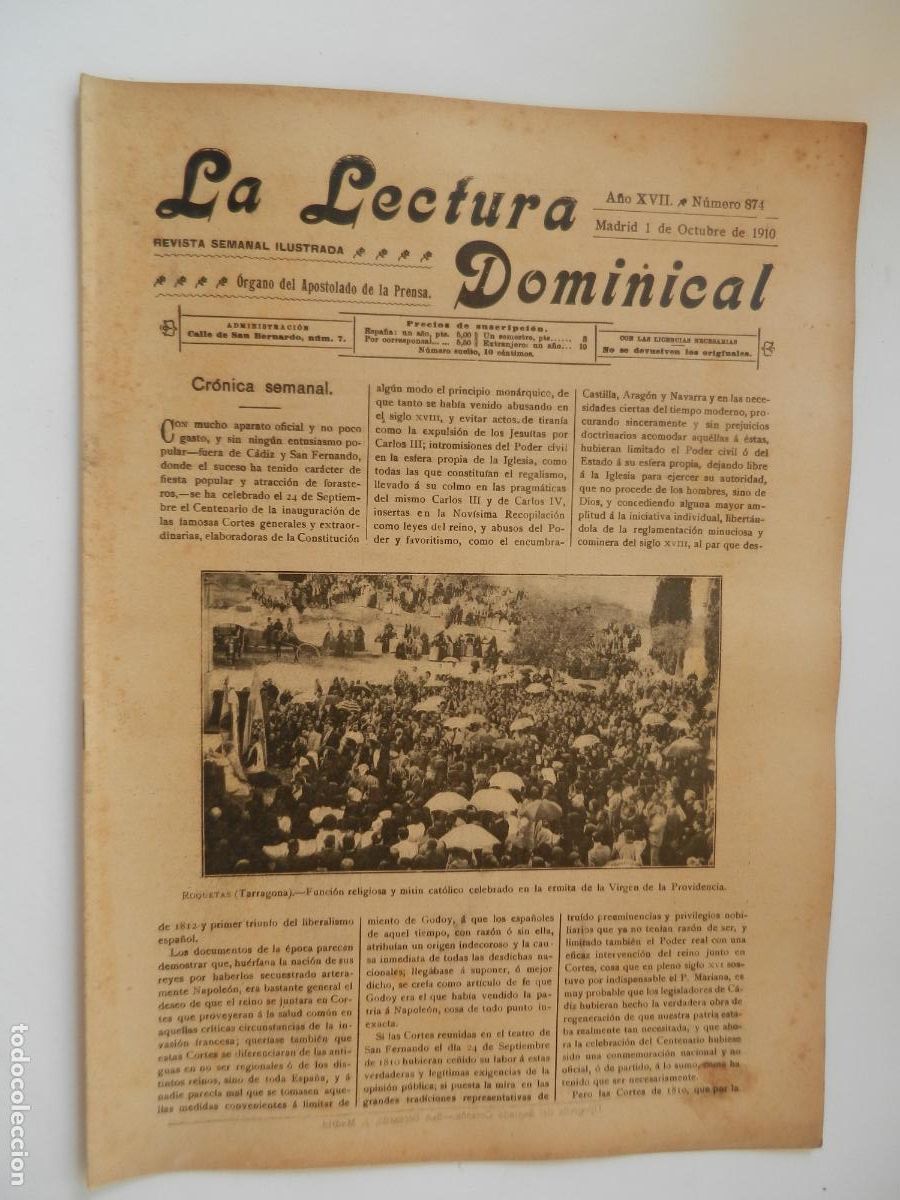 Sammeln von Zeitschriften und Zeitungen: LA LECTURA DOMINICAL - N&ordm; 874- 10-1910 - REVISTA SEMANAL ILUSTRADA- DIVULGACION RELIGIOSA Y MORAL