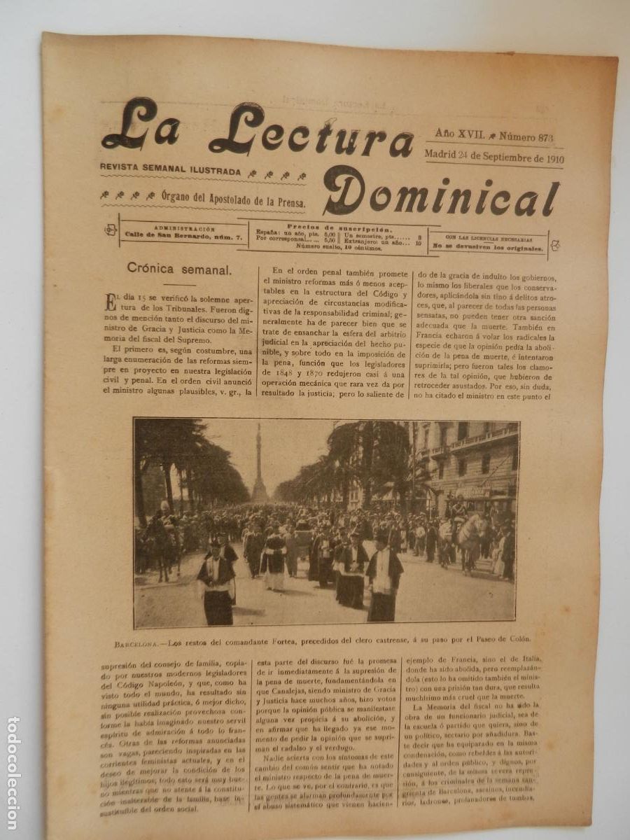 Coleccionismo de revistas y peri&oacute;dicos: LA LECTURA DOMINICAL - N&ordm; 873- 09-1910 - REVISTA SEMANAL ILUSTRADA- DIVULGACION RELIGIOSA Y MORAL