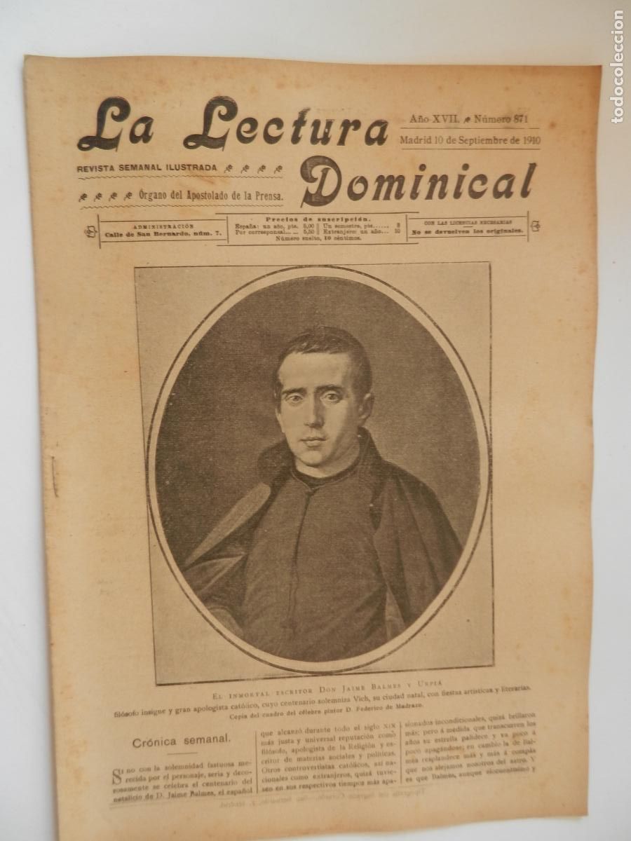 Collectionnisme de Revues et Journaux: LA LECTURA DOMINICAL - N&ordm; 871- 09-1910 - REVISTA SEMANAL ILUSTRADA- DIVULGACION RELIGIOSA Y MORAL