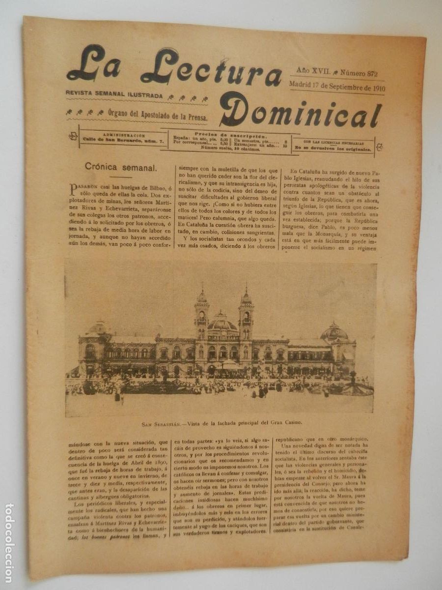 Collezionismo di Riviste e Giornali: LA LECTURA DOMINICAL - N&ordm; 872- 09-1910 - REVISTA SEMANAL ILUSTRADA- DIVULGACION RELIGIOSA Y MORAL