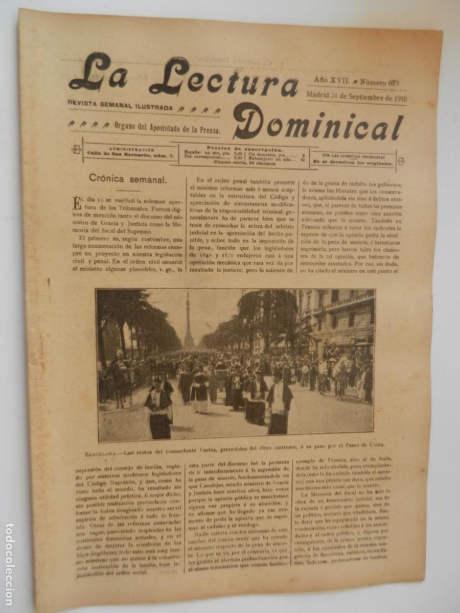 Sammeln von Zeitschriften und Zeitungen: LA LECTURA DOMINICAL - N&ordm; 873 - 09-1910 - REVISTA SEMANAL ILUSTRADA- DIVULGACION RELIGIOSA Y MORAL