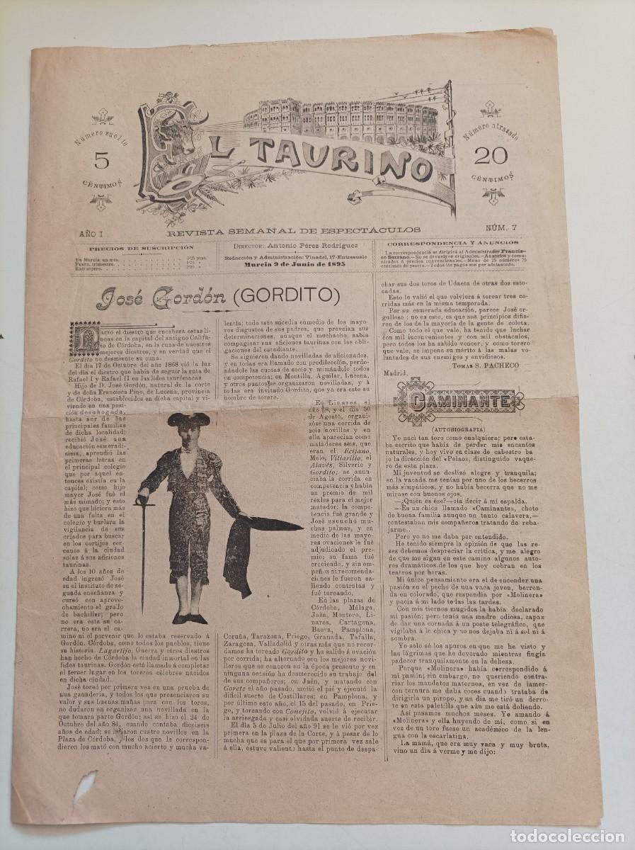 Coleccionismo de revistas y peri&oacute;dicos: El Taurino (Revista Semanal de Espect&aacute;culos) A&ntilde;o I, N&uacute;m. 7. Murcia el 9 de junio de 1895. MUY RARA