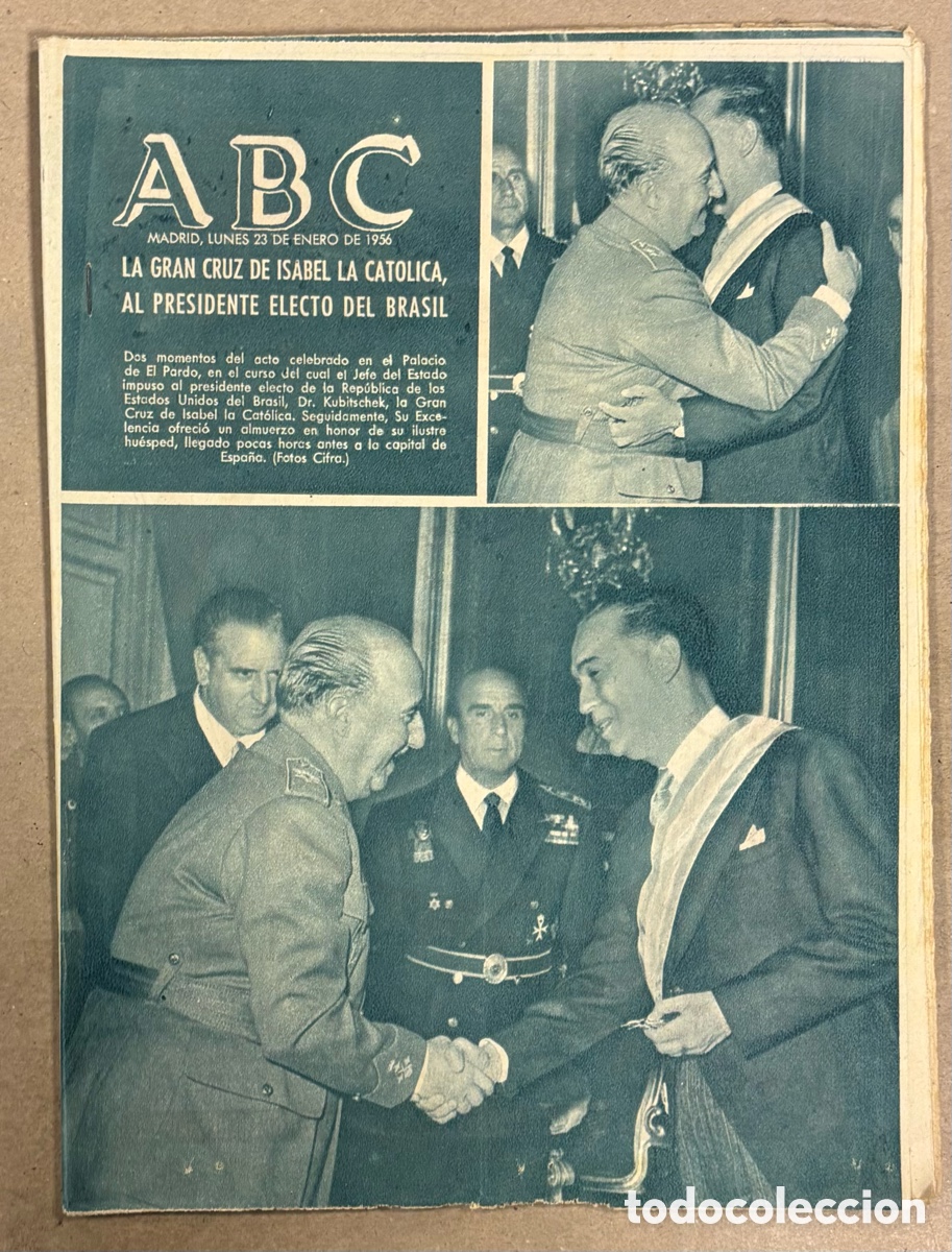 Coleccionismo de revistas y peri&oacute;dicos: ABC (23 ENERO 1956) GRAN CRUZ ISABEL LA CAT&Oacute;LICA A KUBITSCHEK, ATHLETIC BILBAO 3-1 REAL MADRID,&hellip;